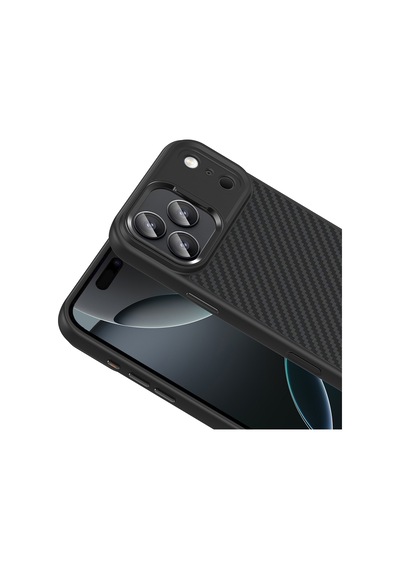 Apple Uyumlu iPhone 17 Pro Kılıf M-safe Şarj Özellikli Karbon Fiber Görünümlü Zore Truva Silikon Kapak Siyah