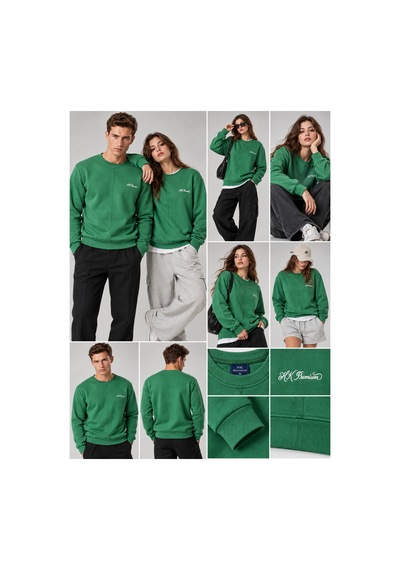 Hk Premium Sweatshirt Bisiklet Yaka Hk Premium Logolu Erkek Basic Yeşil