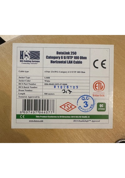 Hcs Cat 6 Halogen Free U/utp Lsoh 500 M. Makara 23 Awg Beyaz