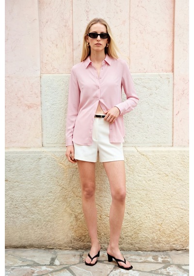 Sateen Düz Klasik Gömlek - Pembe-137785