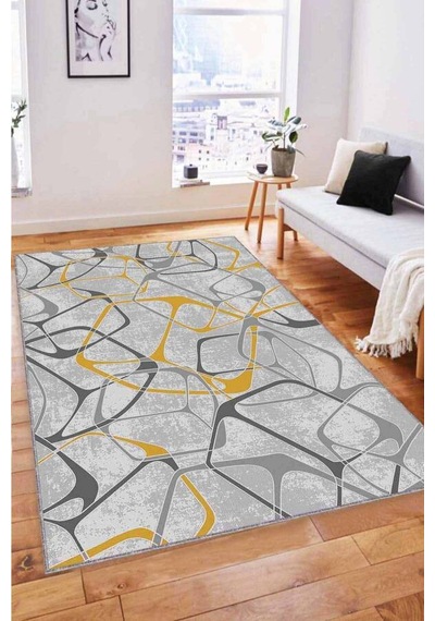 Sarı Geometrik Kaymaz Taban Makinede Yıkanabilir Halı Lk002n11