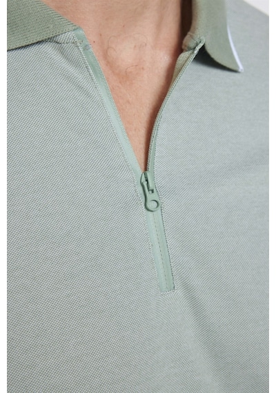 Tudors Erkek Slim Fit Dar Kesim Pamuklu Fermuarlı Mint Polo Yaka Tişört-27590 Mint