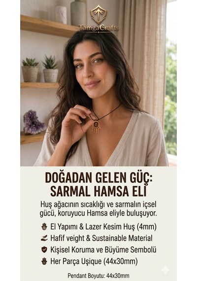 Spiral Hamsa Eli Ahşap Kolye 44x30 Mm - Siyah İpli Bohem Unisex 01 - Ekru