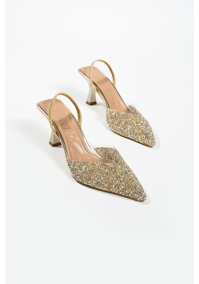 Duxal Shoes London Cam Kırıntıları Detay Arkası Açık Topuklu Ayakkabı Gold