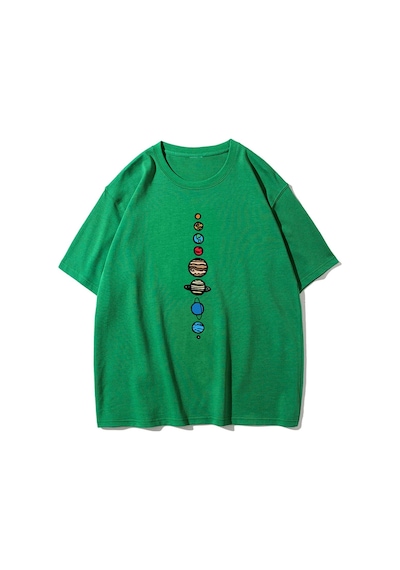 Flood Of Style Unisex Yeşil 9 Gezegen Baskılı Oversize Bisiklet Yaka Tshirt