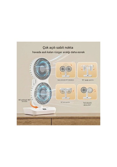 Hr001 Çift Kafalı Vntilatör Otomatik Salınımlı Şarjlı Masaüstü Ve Duvara Asılabilir Fan Serinletici Led Işıklı Mini Klima