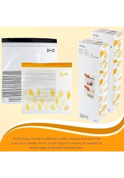 Istad Orta Boy Çift Mühürlü Tekrar Kullanılabilir Gıda Torbaları, 1,2 Ve 2,5 Litre, Siyah Çizgili/sarı Yaprak - 100 Adetlik Set 4296