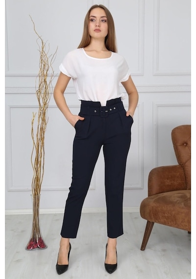 Bluence Beli Kemerli Siyah Dar Paça Kumaş Pantolon Siyah