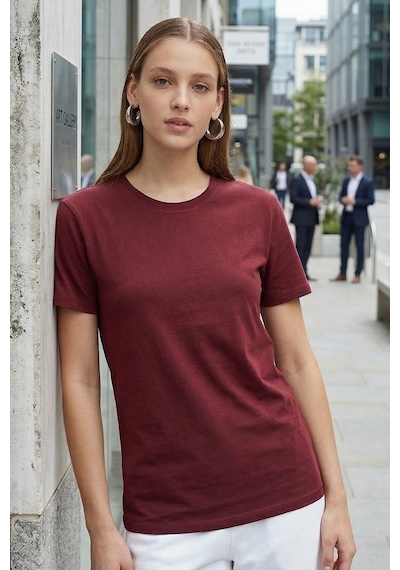 Tudors Unisex Slim Fit Dar Kesim %100 Pamuk Yumuşak Dokulu Bordo Bisiklet Yaka Tişört-31080 Bordo