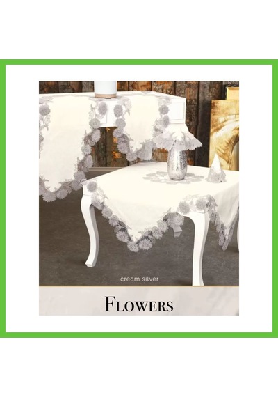Bezos Flowers Model Krem 5 Parça Keten Dantelli Runner Seti Lüks Salon Takımı Dmc