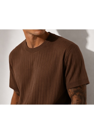 Ribana Erkek Kısa Kollu Fitilli Bisiklet Yaka Esnek T-shirt 26113 Kahverengi