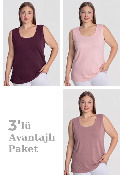 Arma Yıldız Kadın Pamuklu Büyük Beden Kalın Askılı Atlet 3'lü Paket Gül Kurusu Pembe Mürdüm