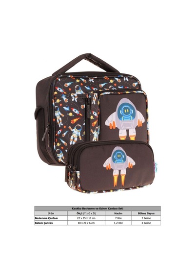 Kaukko Kids Erkek Çocuk Siyah Roket Baskılı Üç Bölmeli Thermo Beslenme Çantası Ve Kalemlik Seti L7264+l8264 Siyah