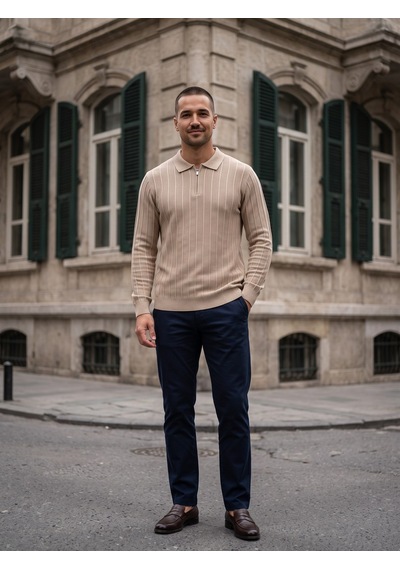 Maccali Erkek Bej Fitil Detaylı Fermuarlı Polo Yaka Triko Sweatshirt