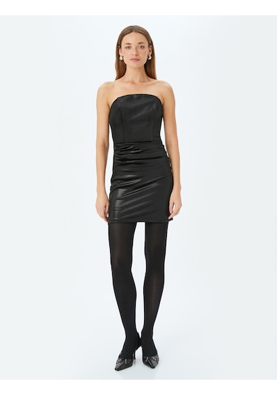 Koton Straplez Kolsuz Drapeli Slim Fit Mini Abiye Elbise Siyah 5wak80169fk Siyah