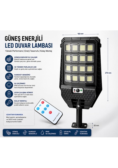 Ultra Parlak Solar Led Lamba Hareket Sensörlü Ve Enerji Tasarruflu Su Geçirmez Kolay Montaj & Uzun Ömür 1
