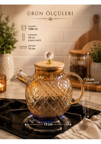 Qerhome Ateşe Dayanıklı Borosilikat Cam Demlik 1500 Ml Bambu Kapaklı Amber Cam Sürahili Çaydanlık Dh-41