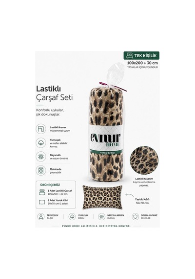 Leopar Desen Lastikli Çarşaf Seti Yastık Kılıflı Leopar