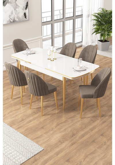 Canisa Edaf Serisi 80x132 Açılabilir Beyaz Mutfak Masa Takımı 6 Cappucino Sandalye Gold Detay Masa Beyaz Sandalye Antrasit Ayak Gold Canisa Edaf Serisi 80x132 Açılabilir Beyaz Mutfak Masa Takımı 6 Cappucino Sandalye Gold Detay Masa Beyaz Sandalye Antrasit Ayak Gold