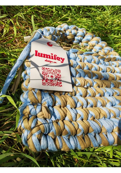 Lumifey Design Cozy El Yapımı El Çantası - Mavi & Kahverengi Penye İp Örgü Çanta Açık Mavi - Kahverengi