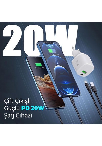 Bix Bx2p20g Gan 20w Type-c Ve Usb-a Mini Hızlı Şarj Cihazı Beyaz