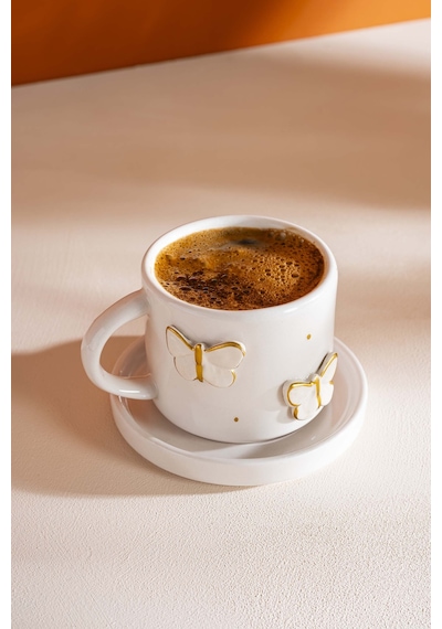 Rivaistanbul Gold Kelebek Amore El Yapımı Seramik Double Kahve Fincanı Mug Kupa Krem