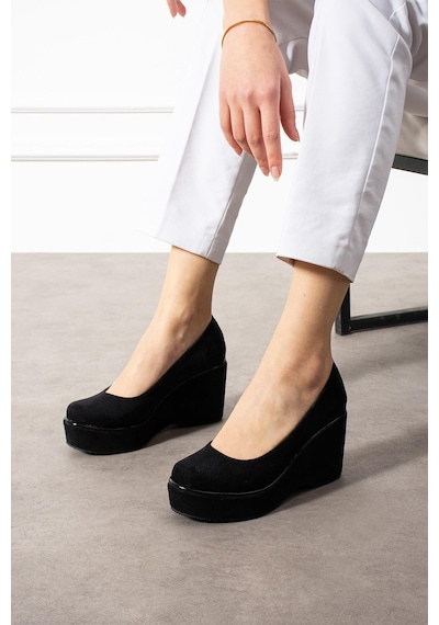 Zenneshoes Helena Dolgu Topuklu Kadın Ayakkabı Siyah Süet
