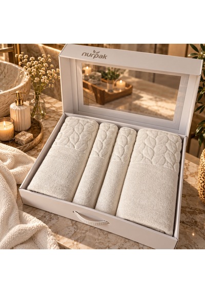 Nurpak Hazal 4 Parça Beyaz %100 Pamuk Banyo Havlu Takımı 2 Adet 90x150 Cm Ve 2 Adet 50x90 Cm