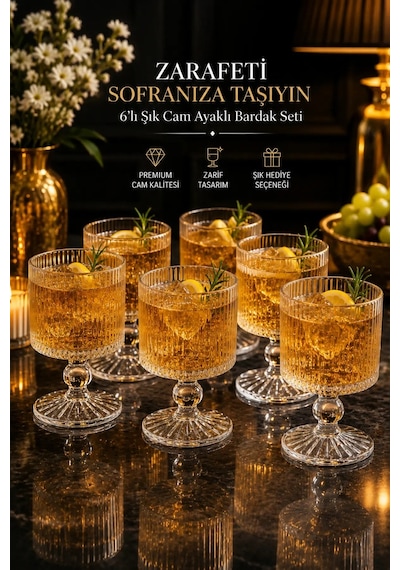6 Lı Ayaklı Kristal Cam Meşrubat Kokteyl Bardağı Bardak 280ml Şeffaf