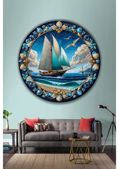 Mozaik Desenli Yelkenli Gemi Deniz Temalı Yuvarlak Temperli Cam Tablo Lüks Gold Detaylı Duvar Dekoru Deniz Temalı Dekoratif Duvar Tablosu, Salon, Ofis Ve Yazlık Dekoru, 80x80 Cm