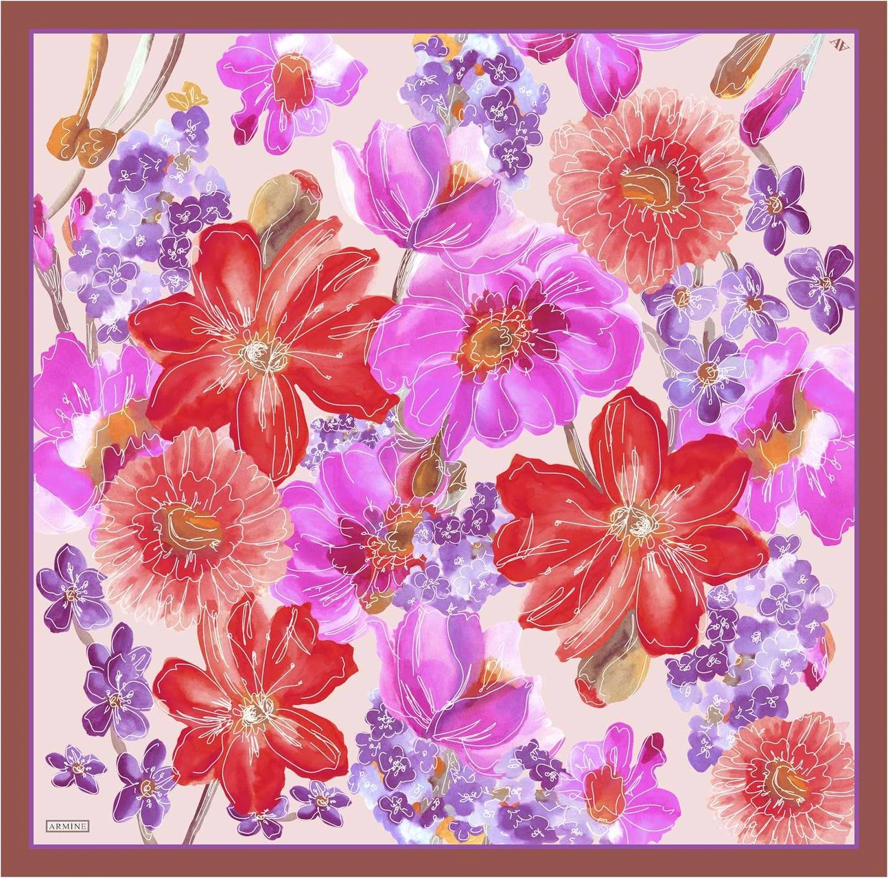 Armine Çiçek Desenli Saf İpek Twill Eşarp 9318d 50 Çok Renkli