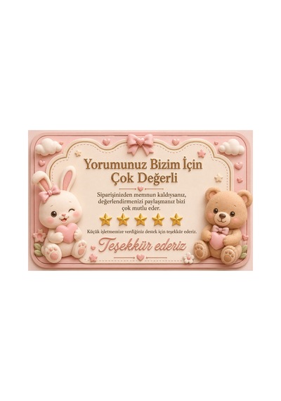 Papelia Sevimli Hayvanlar Temalı Thank You Kartı Müşteri Yorum Kartı 8x5 Cm - Pembe - 144