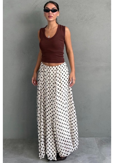 Madmext Bej Puantiye Desenli Vintage Şifon Maxi Etek Mg2776