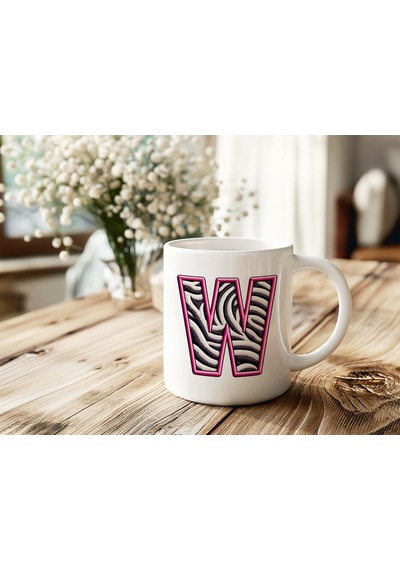 W Harfi Zebra Deseni Ve Pembe Kenarlı Kupa Bardak - Kişiye Özel Nakış Efektli - Siyah Beyaz Pembe Beyaz