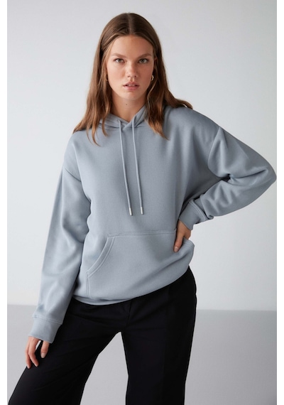 Grımelange Adel  Kadın Organik Pamuklu Içi Polarlı Yumuşacık Relaxed Kanguru Cepli Kapüşonlu Mavi Sweatshirt