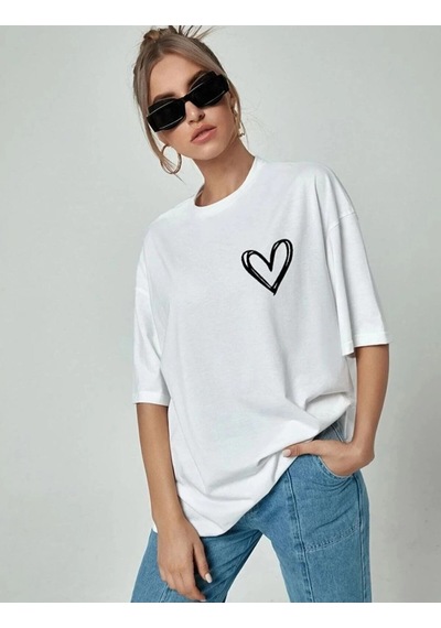 Primemagazam Kadın Tişört Bisiklet Yaka Baskılı Oversize T-shirt - Beyaz Çeşitli