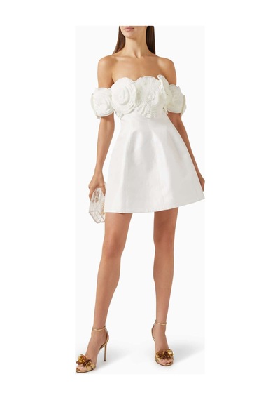 Acler Off - Shoulder Mini Elbise - Aksesuarlı, %65 Polyester %35 Pamuk, Saten Kumaş Beyaz