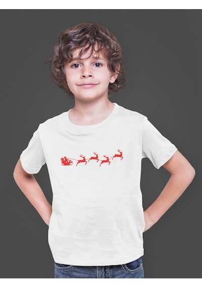 Bumeta Yılbaşı Santa Claus Geyik Silüet Noel Baba Baskılı Çocuk Tişört T-shirt Beyaz