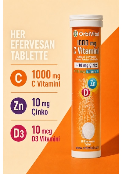 Orbivital C Vitamini 1000 Mg + Çinko + D3 Vitamini Efervesan Tablet 20'li