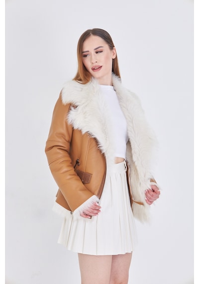 M M Marki Marki Kadın Hakiki Toskana Kürk Mont Taba, Fit Kesim, Fermuarlı, 63 Cm, Kışlık, Lüx Deri Mont - 112122