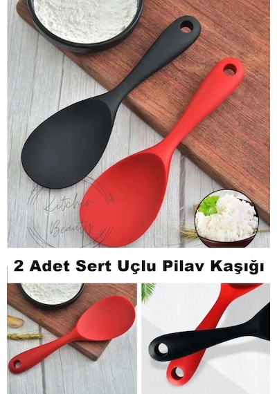2 Adet Ultra Sert Uçlu Silikon Servis Pilav Kaşığı Yüksek Isıya Dayanıklı Yanmaz Yapışmaz Siyah&Gri