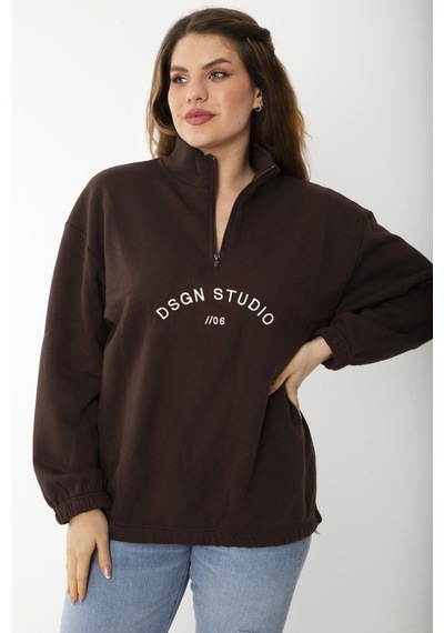 Şans Kadın Büyük Beden Kahve İçi Şardonlu Ön Pat Fermuarlı Nakışlı Sweatshirt 65n37202-kahve Kahverengi