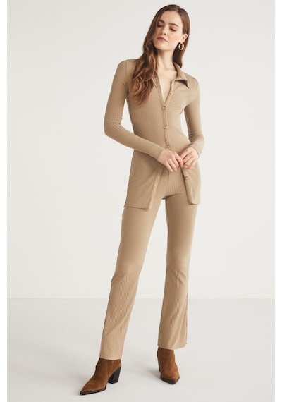 Ethıquet Suelan Kadın Slim Fit Dar Kesim Gömlek Yaka Düğme Detaylı Kaşkorse Bej Gömlek