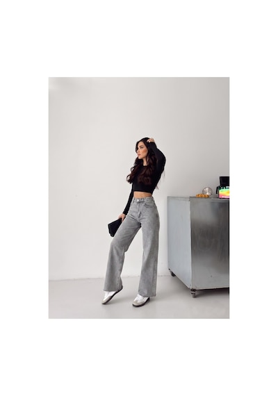 Kene Jeans Gri Kar Paça Kesik Ön Arka Taşlı Bol Paça Kot/denim Pantolon Gri Kar