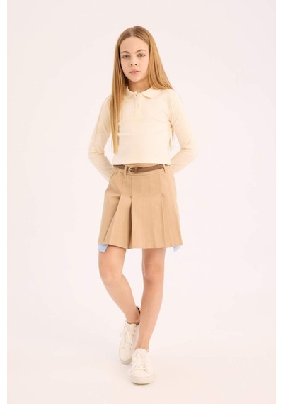 DeFacto Kız Çocuk Kemerli Pileli Gabardin Etek D9221A825SMBG65 Bej