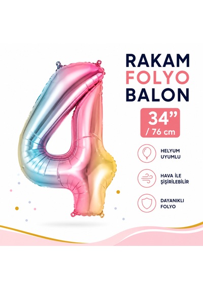 4 Rakam Folyo Balon Gökkuşağı 34 İnç 76 Cm Doğum Günü Parti Balonu Çok Renkli