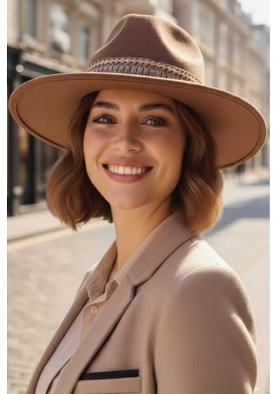 Tezzgelsin Kadın Geniş Kenarlı Bohem Tarz Şeritli Fedora Kaşe Şapka Camel