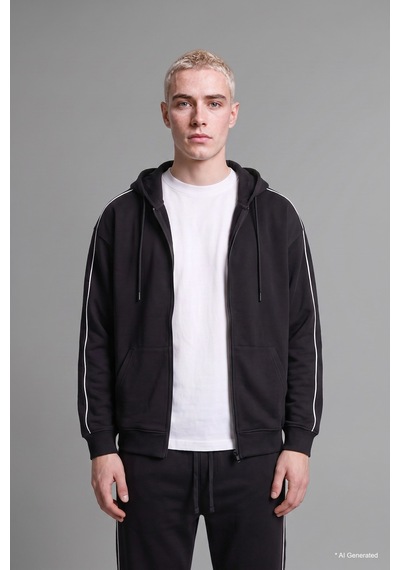 Defacto Boxy Fit Şerit Detaylı Kapüşonlu Fermuarlı Basic Sweatshirt Hırka H4428ax26aubk81 Siyah-bk81