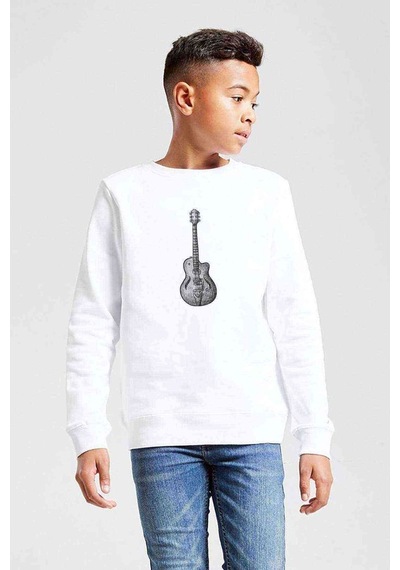 Tshirthane Drawing Classic Guitar Baskılı Unisex Çocuk Beyaz Sweatshirt