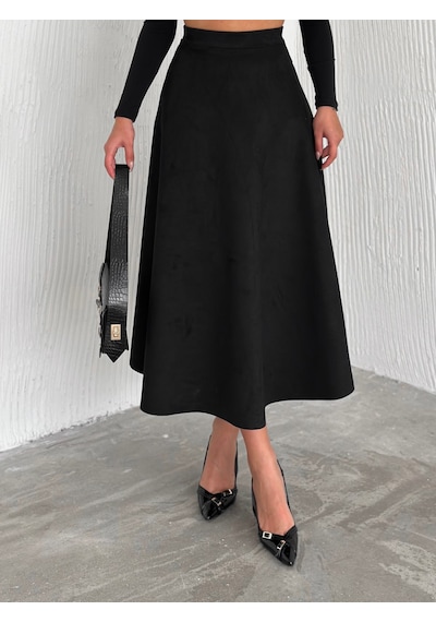 Ozy Fashion Kadın Süet Kloş Etek Siyah